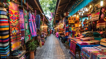 Vibrant Artisan Market Stalls in Chiang Mai Thailand with Colorful Local Handicrafts and Textiles on Display