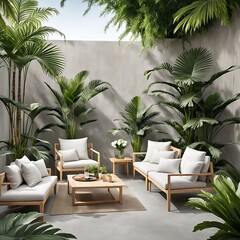 Obraz premium Terrace with outdoor furniture - sofa and armchair. Shade gazebo and palm trees. Exotic backyard garden. Sunny day on the veranda patio. 3d rendering 