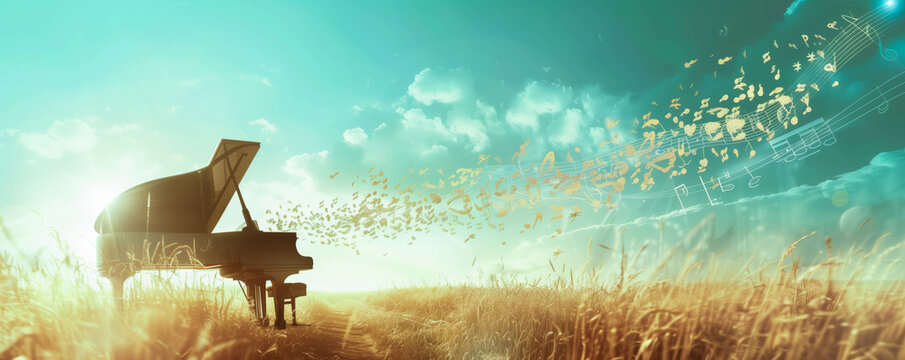 Ethereal scene of piano with flowing music notes in field