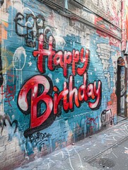 An old wall with graffiti that says Happy Birthday. 