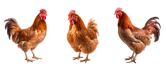 Three brown farm chicken standing animals birds, isolated on transparent background 