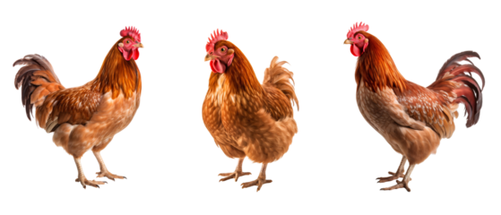 Three brown farm chicken standing animals birds, isolated on transparent background 