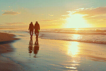 Elderly couple enjoying a walk on the beach at sunset, Stock Photo with copy space