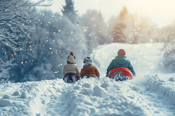 Family riding a toboggan down a snowy hill Stock Photo with copy space