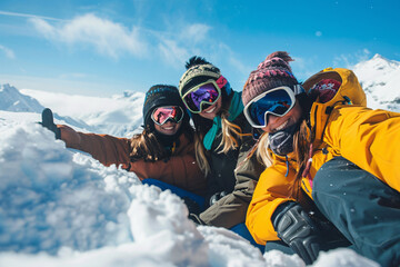 Friends posing for a selfie while snowboarding in the mountains Stock Photo with copy space