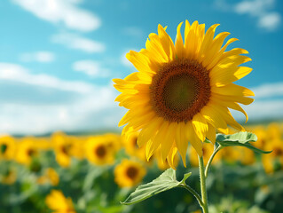 A close-up of a blooming sunflower in a vast sunflower field