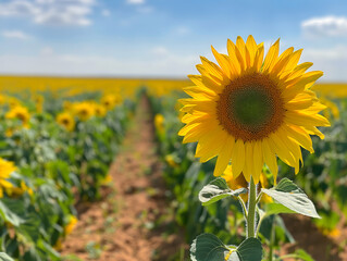 Obraz premium A close-up of a blooming sunflower in a vast sunflower field