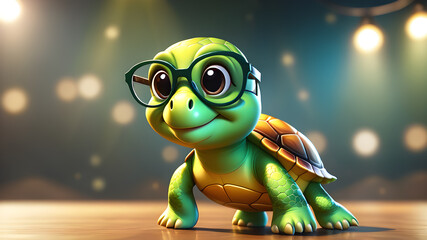 Cute little green turtle with glasses in front of studio background. Generative AI