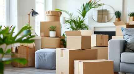 A living room filled with cardboard boxes and plants, capturing the process of moving or relocating to a new home.