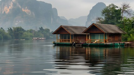 Fototapeta premium Picturesque Floating Bungalows Amid Serene Lake and Majestic Mountains in Kanchanaburi Thailand