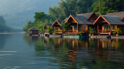 Naklejka premium Tranquil Floating Bungalows Amid Serene Lake Landscapes in Tropical Thailand