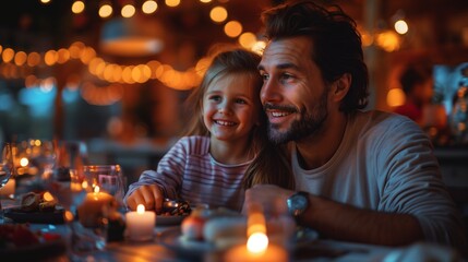 AI generated illustration of Joyful moment of a father and daughter enjoying a meal together at home - Powered by Adobe