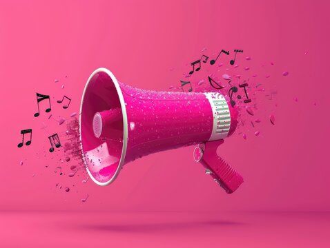 A megaphone with musical notes and a dotted line border, symbolizing a call to action, on a vibrant pink background. Great for promoting upcoming events, announcements, and new product launches.