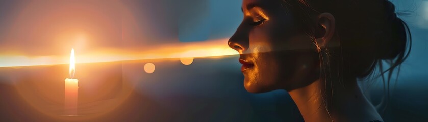 Fototapeta premium A serene profile of a woman gently illuminated by the warm glow of a candle, creating an ambient and peaceful atmosphere.