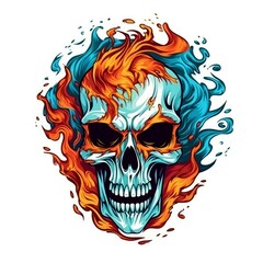 skull head mix flame, t-shirt design, full color