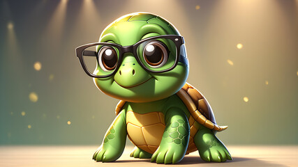 Cute little green turtle with glasses in front of studio background. Generative AI