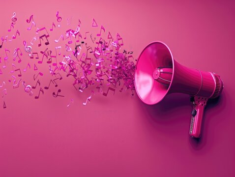A loudspeaker with musical notes swirling around it, symbolizing a call to action and exciting news, on a vibrant pink background. Great for promoting upcoming events, announcements, and new product