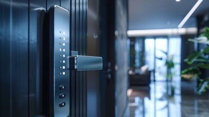 Close-up of a modern steel door with a digital keypad lock, sleek design, isolated background, studio lighting