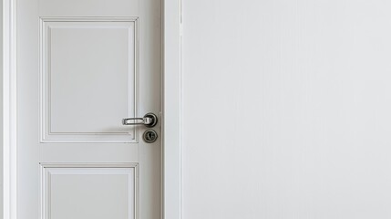 Close-up of a minimalist white door with a sleek silver handle and lock, clean lines, isolated background, studio lighting