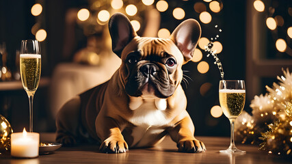 Obraz premium French Bulldog drinking champagne on New Year's Eve party. Generative AI