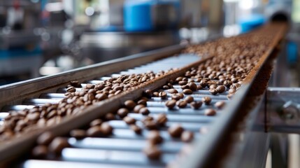 Fototapeta premium Close-up of a conveyor belt with freshly roasted coffee beans being packaged, industrial machinery, precision, and efficiency