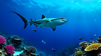 underwater silhouette shot of sharks circling  little fishs 