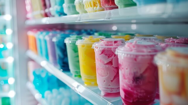 Close-up of an open fridge packed with assorted ice cream containers, colorful labels, ice cubes scattered in the freezer section
