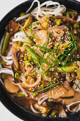 asian inspired rice noodle soup with green beans eggplant and water chestnuts
