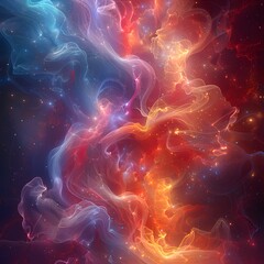An energetic abstract background with a burst of multicolored shapes and smoke, showcasing...