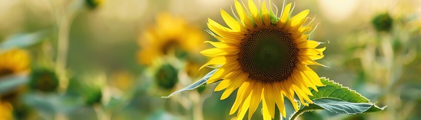Vibrant sunflower in a sunlit field, showcasing the beauty of nature with its bright yellow petals and green leaves.