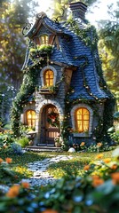Fototapeta premium A Fanciful Storybook-Inspired Cottage Nestled in a Lush,Nature-Filled Oasis of Enchantment and Wellness