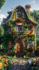 Obraz premium A Fanciful Storybook-Inspired Cottage Nestled in a Verdant, Nature-Filled Oasis with a Captivating, Hand-Drawn Aesthetic and Vibrant Color Palette