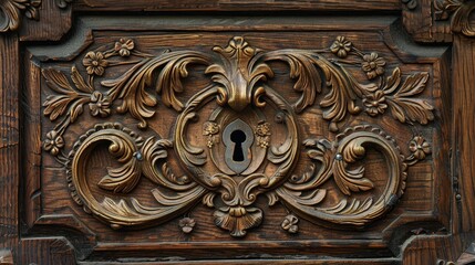 Close-up of an antique wooden door with an ornate brass lock and keyhole, intricate details, isolated background, studio lighting