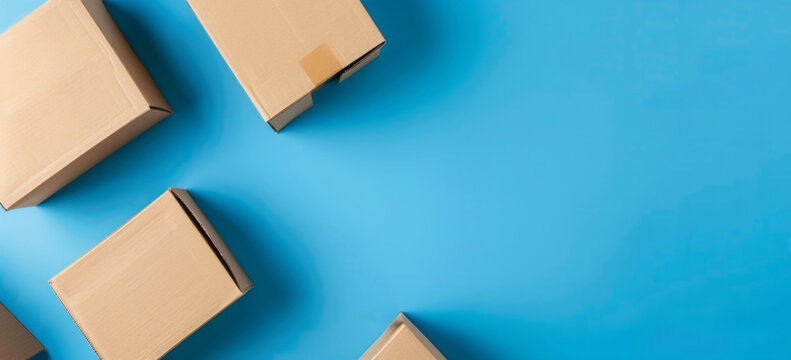 Cardboard boxes on a blue background from a top angle, with space in the right corner for text.