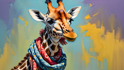 Giraffe wearing a scarf in front of studio background, Generative AI