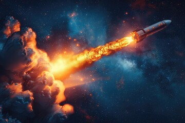 A 3D rocket ship blasting off into space, leaving a trail of fire behind, on a starry night sky background. Ideal for promoting new ventures, product launches, and ambitious goals.