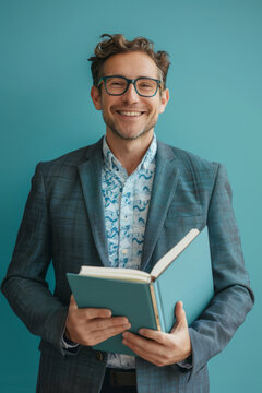 A man in glasses, an indigo shirt, and a business suit stands holding an open notebook, smiling against a teal backdrop.