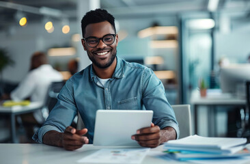 Obraz premium A man with short hair, wearing glasses, sits at his office desk, surrounded by modern technology, holding a tablet.