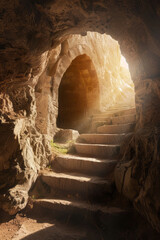 An empty tomb with light shining from outside and stairs leading out signifies a momentous event.