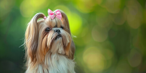 An adorable Shih Tzu with long, flowing hair and pink bows stands outdoors against a blurred green backdrop.
