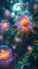 Captivating Bioenergy Cell:Pulsating Bioluminescent Core Encased in Delicate Membrane with Surreal Tendrils in Lush Jungle Setting