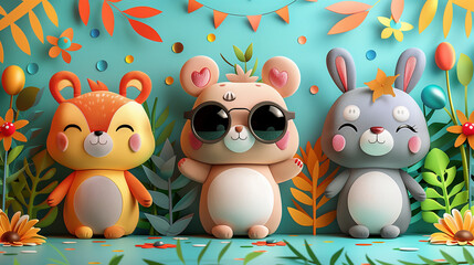 Obraz premium Cute Cartoon Animal Friends in a Colorful Jungle