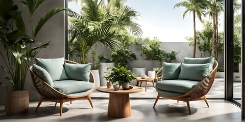 Obraz premium Terrace with outdoor furniture - sofa and armchair. Shade gazebo and palm trees. Exotic backyard garden. Sunny day on the veranda patio. 3d rendering 