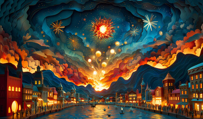 Obraz premium A paper cutout style scene of a 4th of July celebration by a lake in a small town