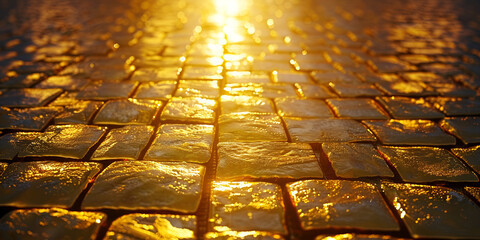Golden Cobblestone Path at Sunset | Reflective Cobblestones in Golden Hour"