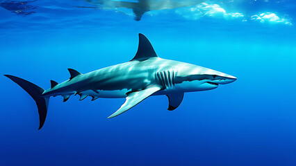 Fototapeta premium underwater silhouette shot of sharks circling little fishs 