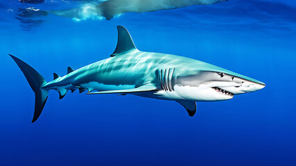 Obraz premium underwater silhouette shot of sharks circling little fishs 