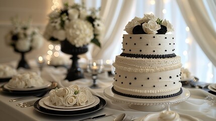 Fototapeta premium A black and white themed party table decorated with a cake, flowers and twinkle lights for a wedding or a fancy birthday party. 