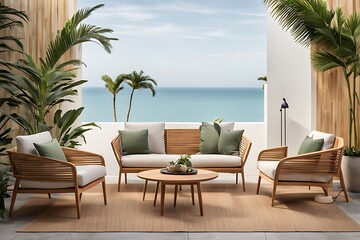 Fototapeta premium Terrace with outdoor furniture - sofa and armchair. Shade gazebo and palm trees. Exotic backyard garden. Sunny day on the veranda patio. 3d rendering 