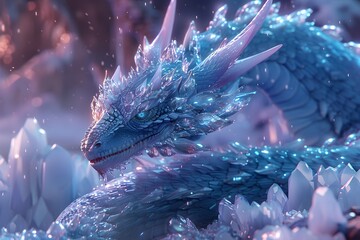 Enchanting Cerulean Dragon Soaring Through Dreamlike Crystal Spires in 3D Render